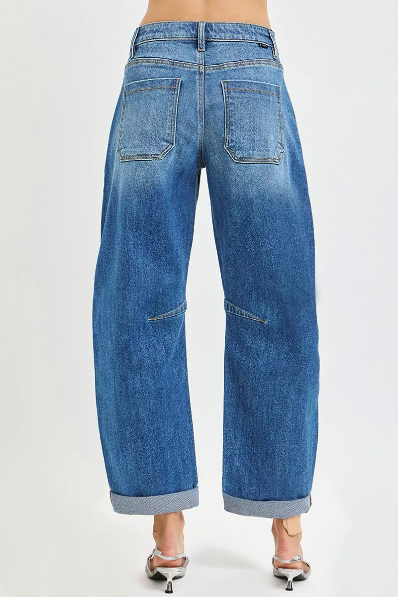 RISEN Barrel Jeans - Slouchy Cropped Cuffed Hem - Fashions Envy