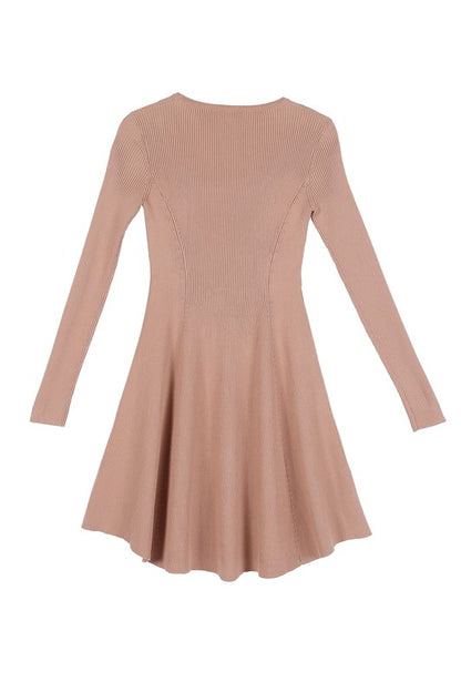 Long Sleeve Knitted Fit and Flare Mini Dress