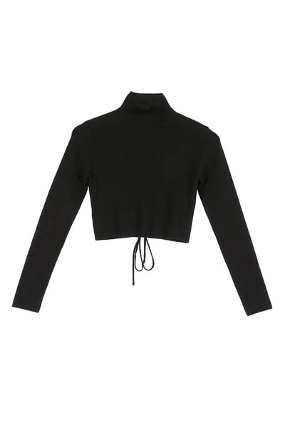 Mock Neck Long Sleeve Lace-Up Open Back Top - Fashions Envy
