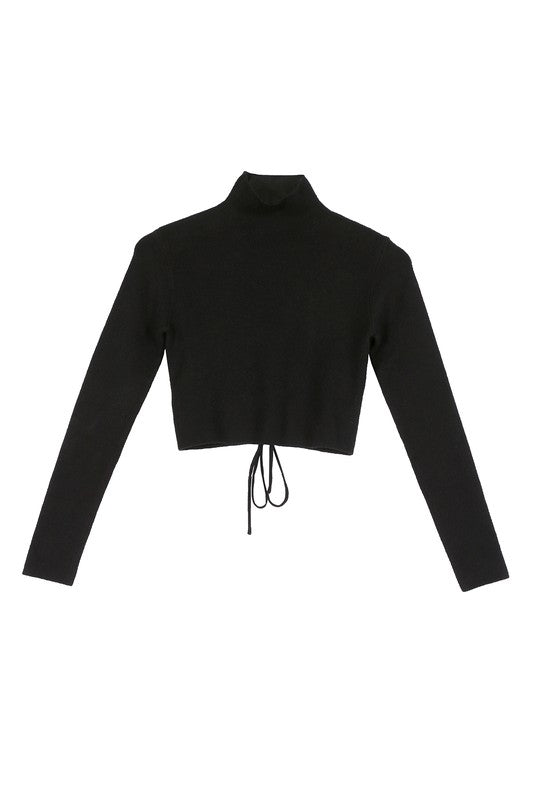 Mock Neck Long Sleeve Lace-Up Open Back Top