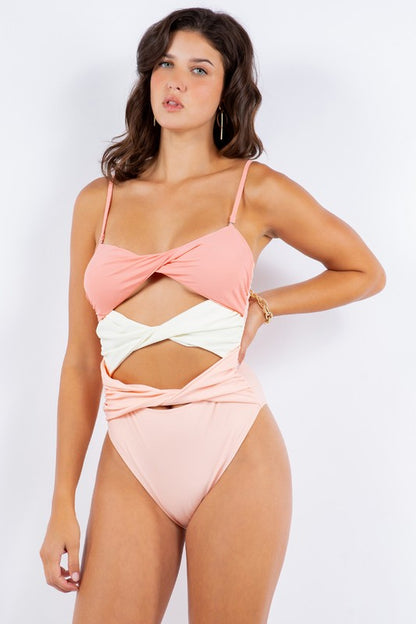 Tri Front Panel Twist Design One-Piece Swimsuit