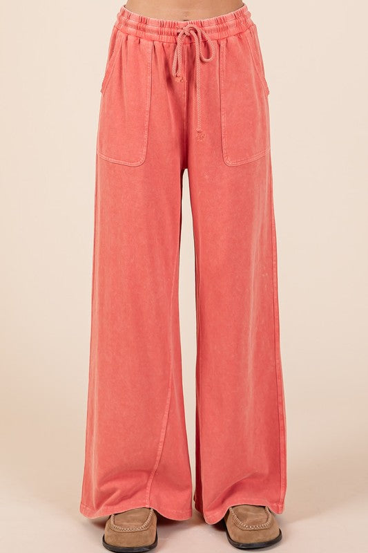 Orange-Red Mineral Wash French Terry Drawstring Wide Leg Pants