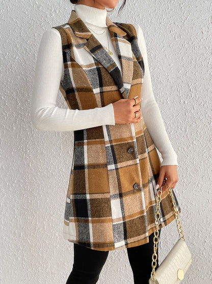 Honey Plaid Lapel Collar Vest - Fashions Envy