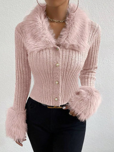Faux Fur Trim Ribbed Knit Cropped Cardigan - Fashions Envy