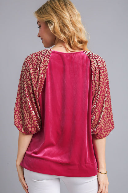 Raspberry Round Neck Leopard Balloon Sleeve Velvet Top