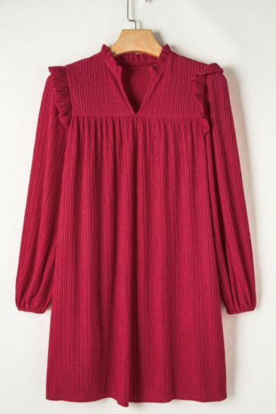 Frill Notched Long Sleeve Mini Dress
