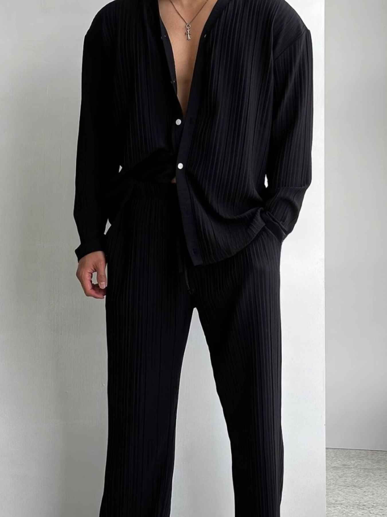 Men's Full Size Textured Button Up Shirt and Pants Set Plus Size