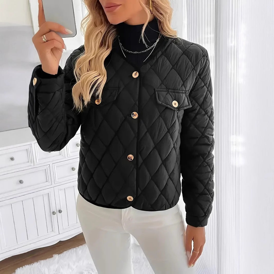 Diamond Lattice Cotton Jacket - Warm Short Women's Coat
