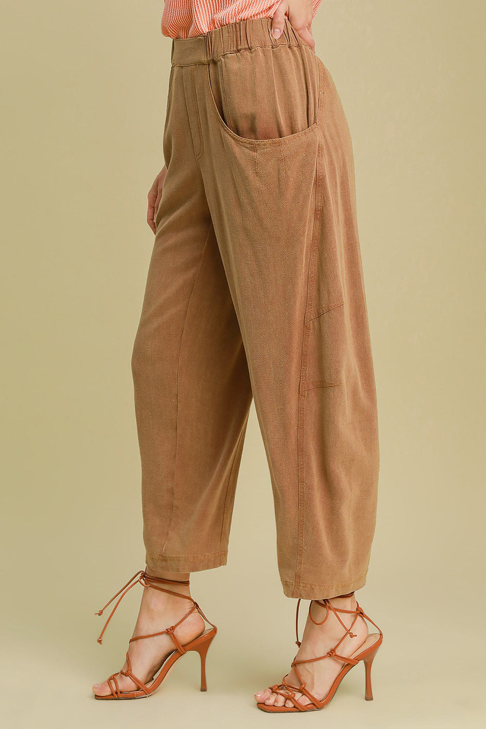 Caramel Elastic Waist Baggy Fit Pants with Pockets