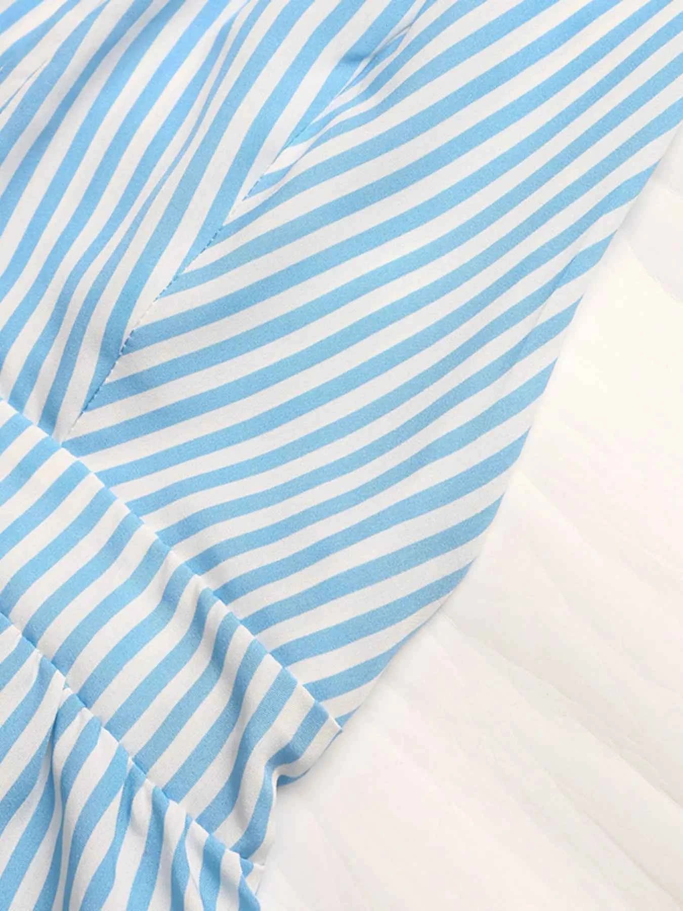 Striped Casual Romper - Crisscross Back Tie Shorts