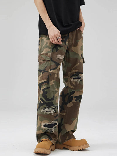 Men's Distressed Camouflage Cargo Pants - Cotton Camo Cargo Pants - Fashions Envy