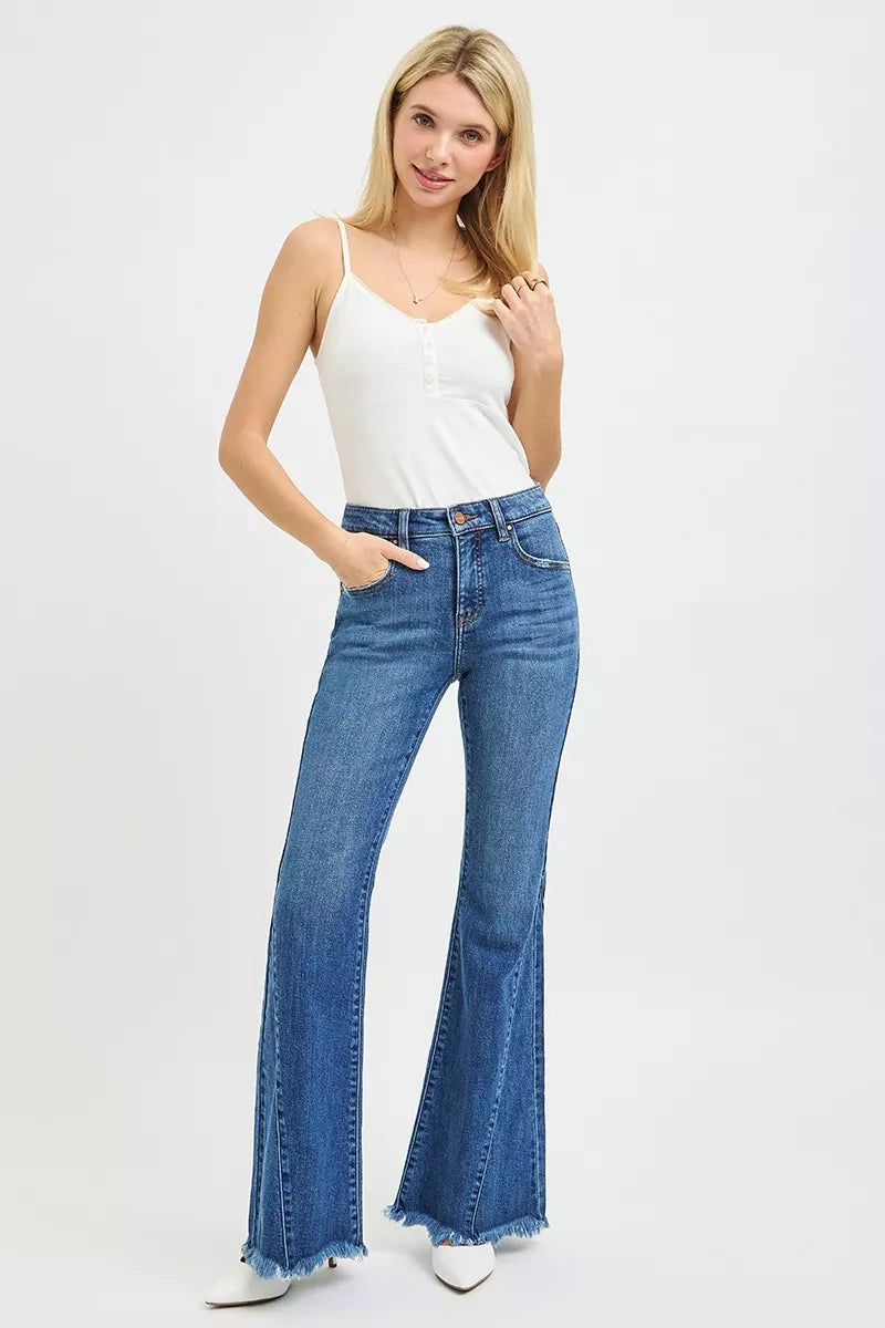 RISEN Flare Jeans - Women's Mid Rise Side Seam Detail - Fashions Envy