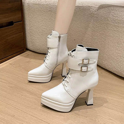Stylish Lace-Up High Block Heel Boots - Fashions Envy