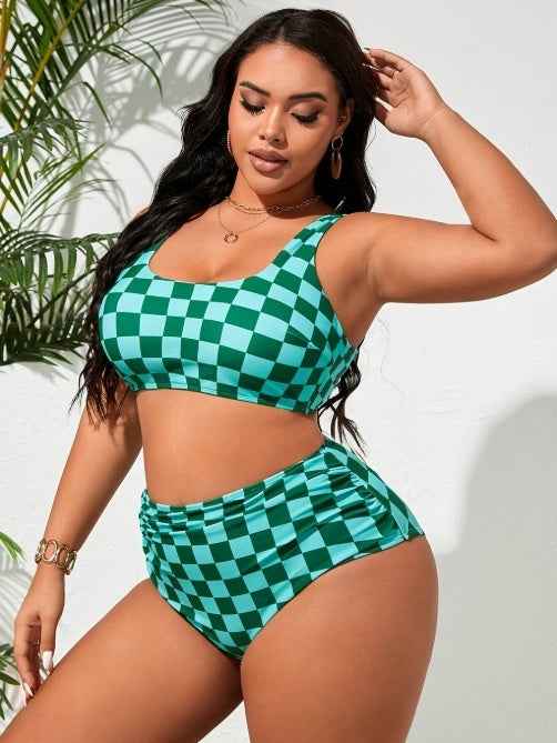 Plus Size Checkered Bikini - Full Coverage Square Neck