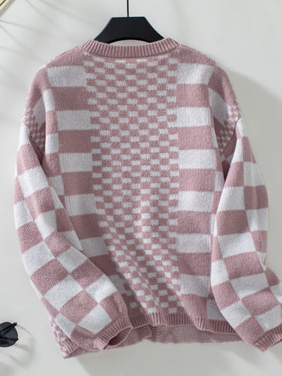 Double Take Checkered Open Front Dropped Shoulder Cardigan - Fashions Envy