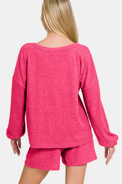 Strawberry V-Neck Long Sleeve Ribbed Top and Shorts Set