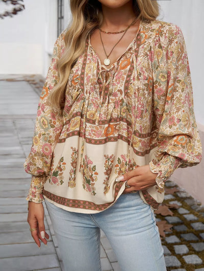 Bohemian Blouse - Floral Print Tie Neck - Fashions Envy