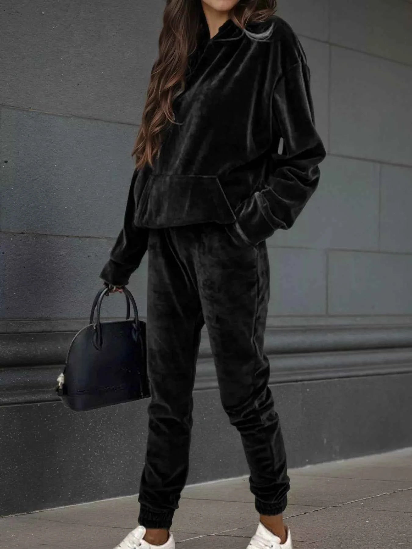 Velvet Long Sleeve Hoodie and Pants Set
