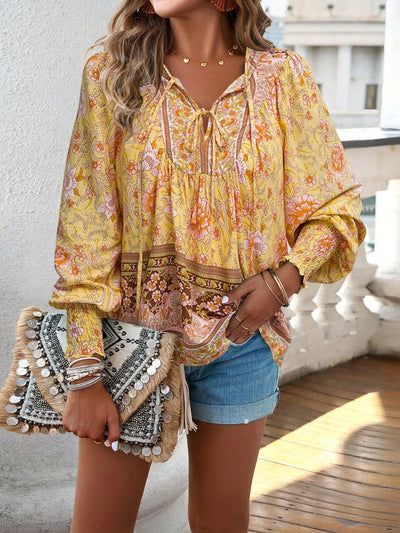 Bohemian Blouse - Floral Print Tie Neck - Fashions Envy