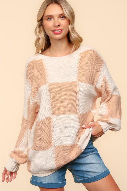 Haptics Full Size Checkered Round Neck Drop Shoulder Sweater