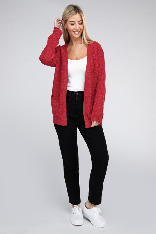 Melange Open Front Sweater Cardigan with Front Pockets