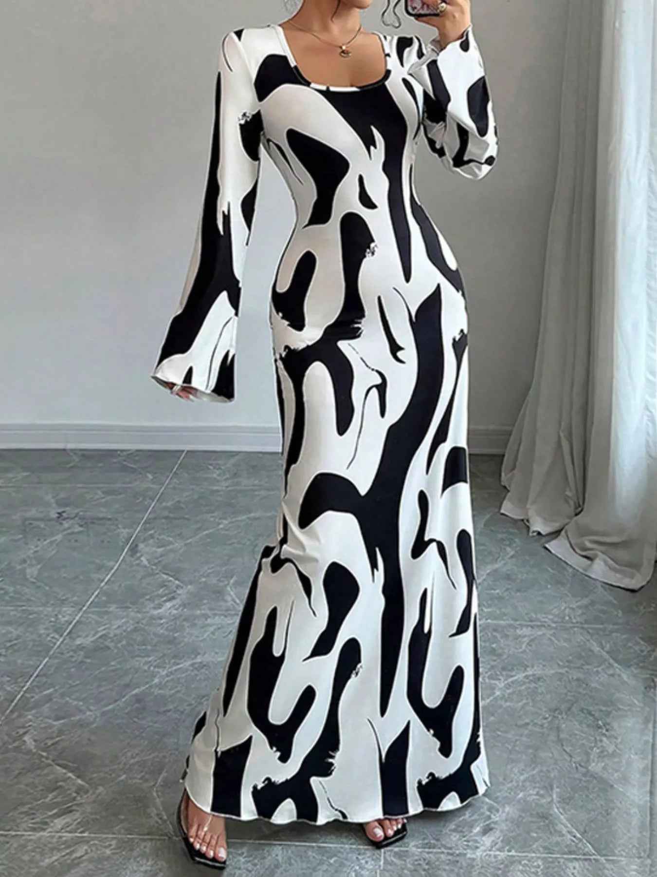 Abstract Print Maxi Dress - Long Sleeve Tie Back Style - Fashions Envy