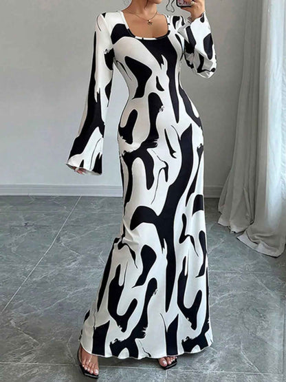 Abstract Print Maxi Dress - Long Sleeve Tie Back Style - Fashions Envy
