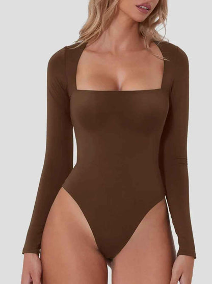 Square Neck Long Sleeve Bodysuit - Sleek Fitted Style - Fashions Envy