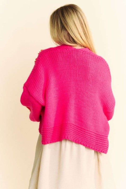 Hot Pink Floral Applique Open Front Drop Shoulder Cardigan