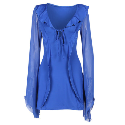 Sexy Y2K Ruffled V-neck Lace-up Long-sleeved Mini Dress