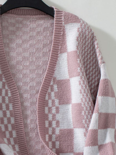 Double Take Checkered Open Front Dropped Shoulder Cardigan - Fashions Envy