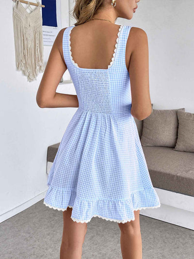 Gingham Lace Trim Mini Dress - Smocked Tie Strap