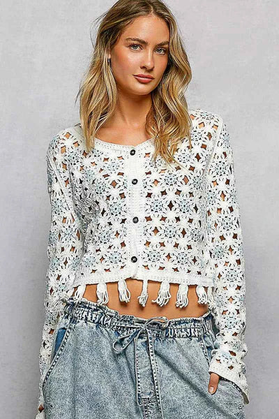POL Openwork Floral Crochet Cardigan with Tassel Hem