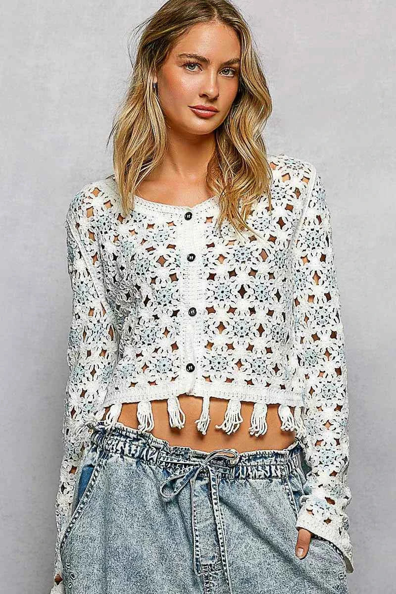 POL Openwork Floral Crochet Cardigan with Tassel Hem