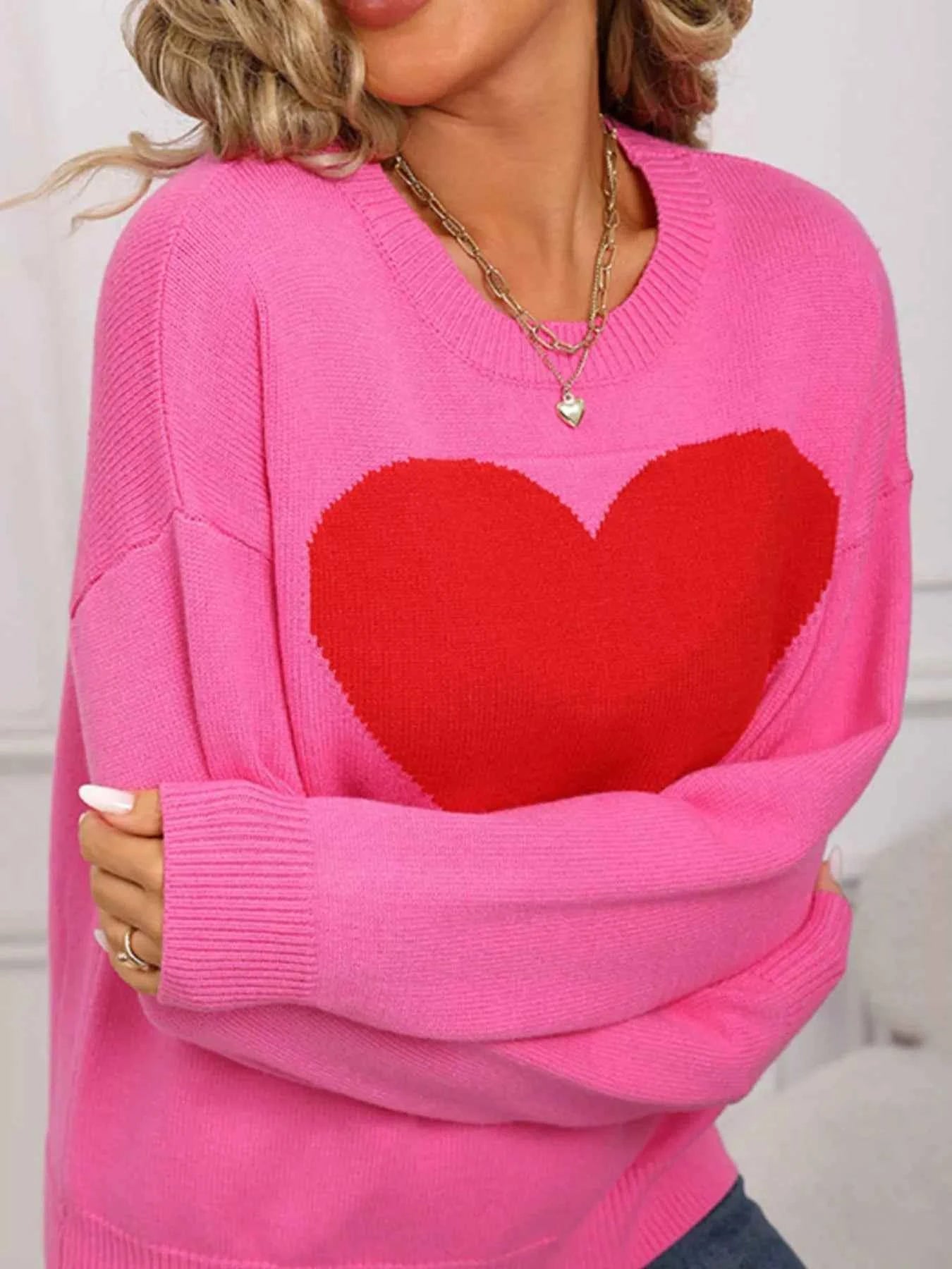 Valentine's Day Heart Round Neck Dropped Shoulder Sweater - Fashions Envy