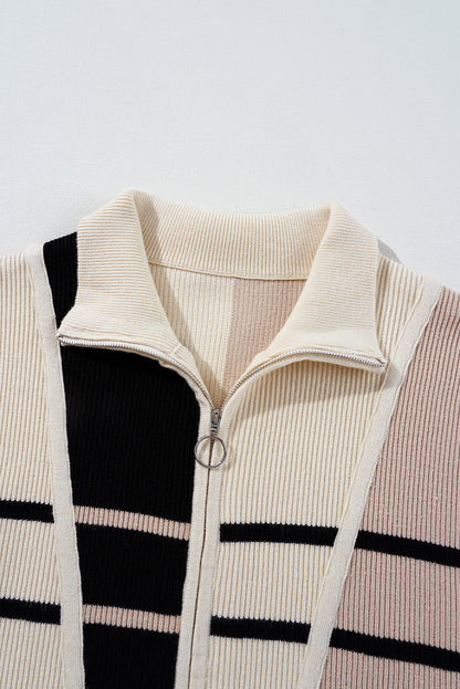 Black Stripe Color Block Quarter Zip Collar Short Sleeve Sweater Dress