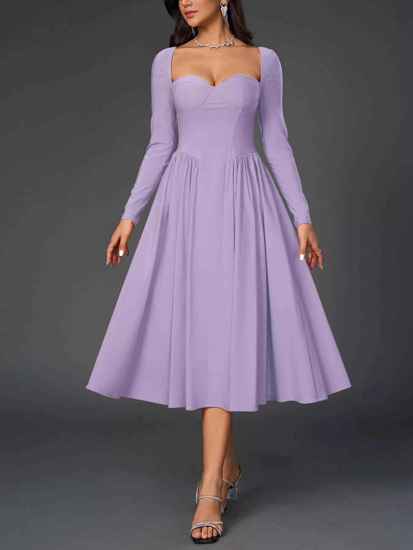 Sweetheart Neckline Long Sleeve A-Line Midi Dress