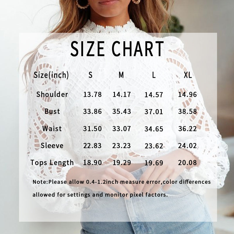Puff Sleeve Lace Top - Mock Neck Hollow-Out Crop Blouse