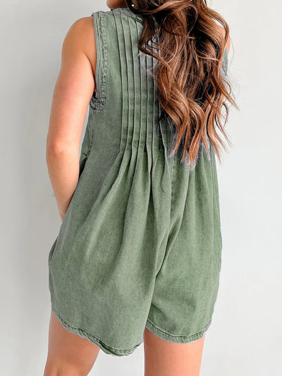 V-neck Pleated Tied Romper with Pockets