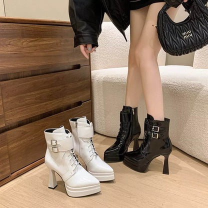 Stylish Lace-Up High Block Heel Boots - Fashions Envy