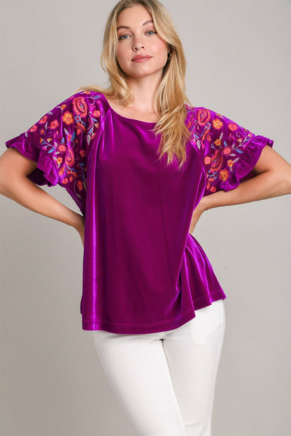 Violet Full Size Velvet Embroidery Short Sleeve Blouse