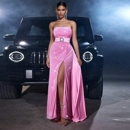 Pink Velvet Sequined Cinched Waist Slim-fit Tube Top Maxi Dress