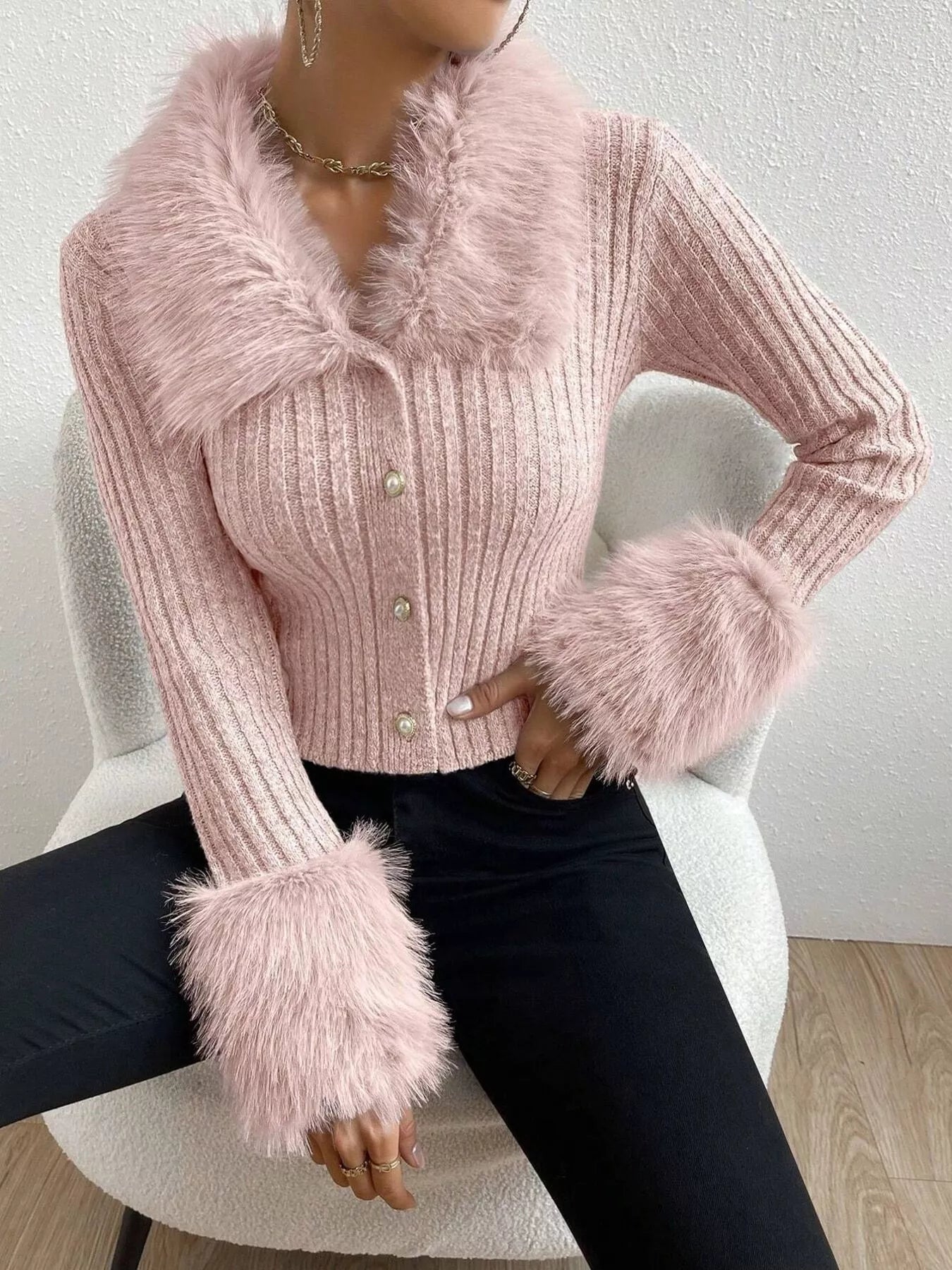 Faux Fur Trim Ribbed Knit Cropped Cardigan - Fashions Envy