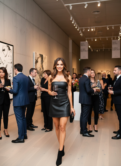 Chic art gallery opening with leather tube mini dress