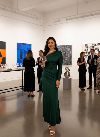Chic art gallery opening with split one shoulder maxi dress