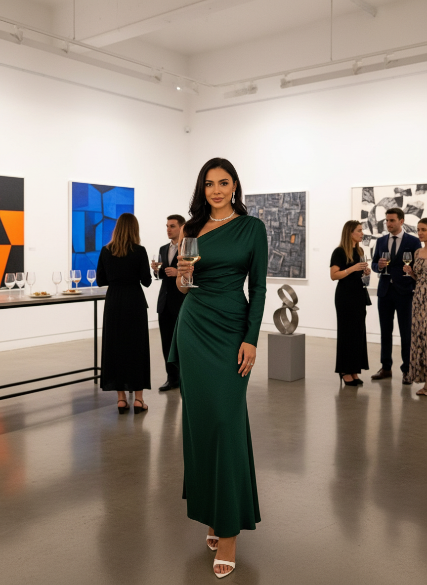 Chic art gallery opening with split one shoulder maxi dress