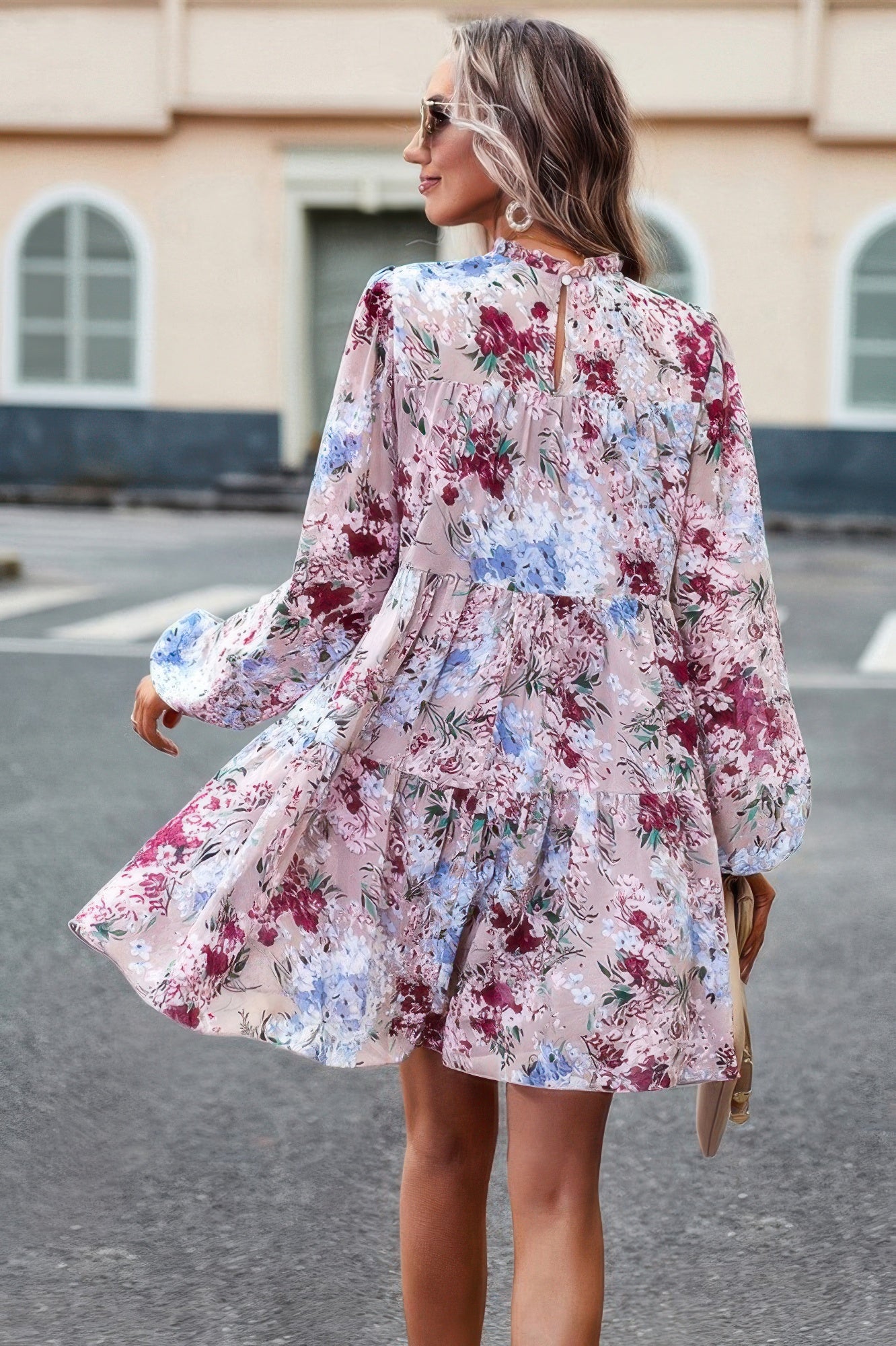 CCWHOLESALECLOTHING floral print smock dress long sleeve tiered mini dress in pink blue floral pattern