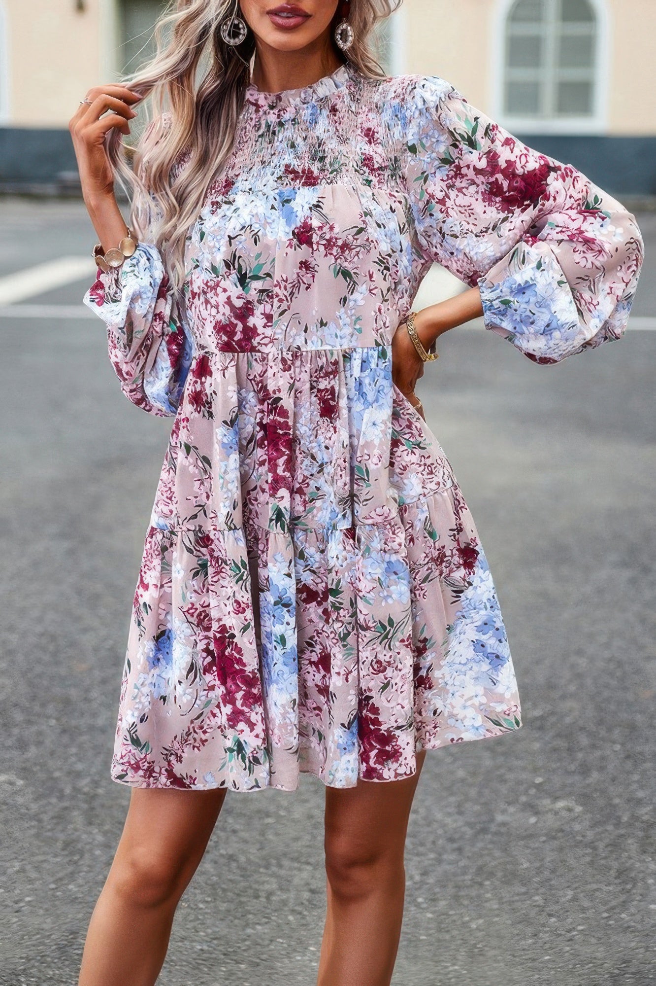 CCWHOLESALECLOTHING floral print smock dress with smocked neckline long puff sleeves and above knee skirt