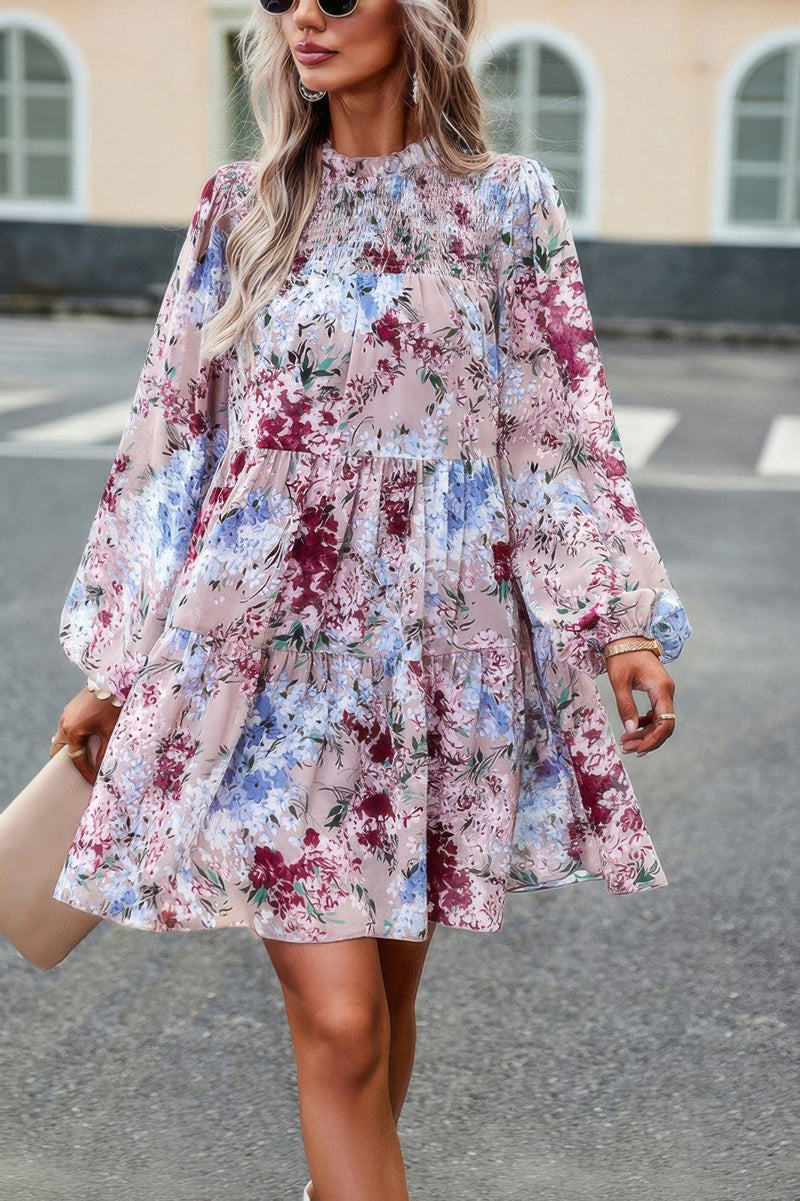 CCWHOLESALECLOTHING floral print smock dress long sleeve tiered mini dress in pastel floral pattern