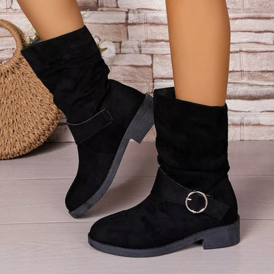 Trendsi Chic Slouchy Boots in Black Suede with Buckle Detail for Stylish Casual Wear
